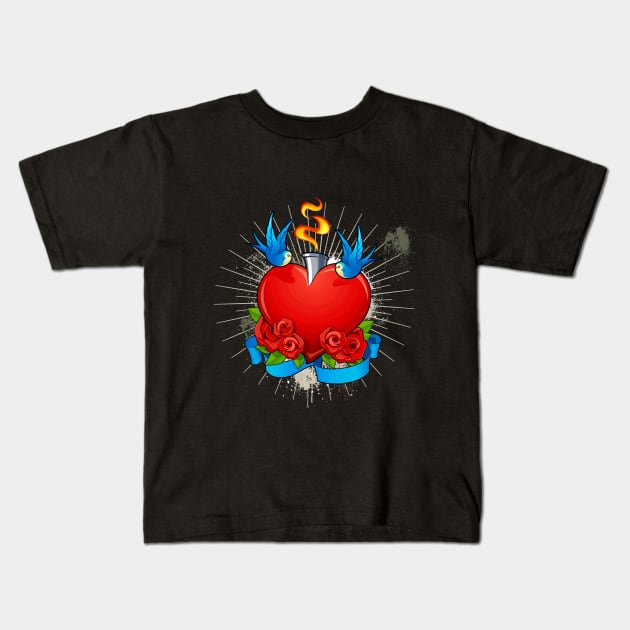 Flaming Heart with Blue Birds Kids T-Shirt by bluerockproducts